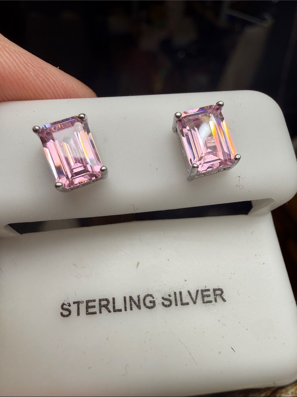 Pink Sapphire Emerald-Cut Stud Earrings in 925 Sterling Silver NEW STUNNING